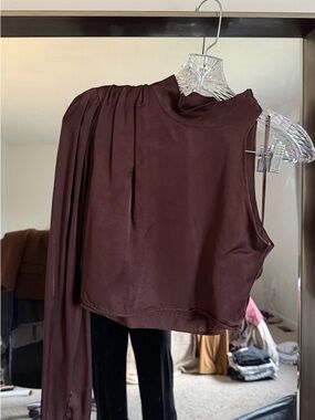 Zara Dark Brown One-Shoulder Pleated Blouse